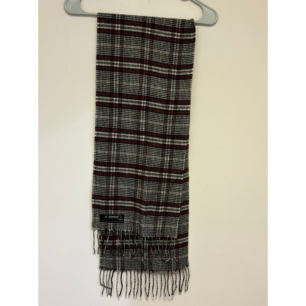 V Fraas Cashmink Plaid Scarf Black Red Fringe Made in Germany